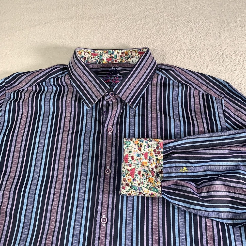 Robert Graham‎ Shirt Mens 2XL Blue Purple Stripe Cocktail Long Sleeve Flip Cuff